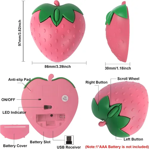 Vista 7 de Ratón inalámbrico Bluetooth con forma de fresa de fruta linda 2.4 GHz y Bluetooth 1000 DPI Ratones ópticos para computadora con receptor USB, mouse