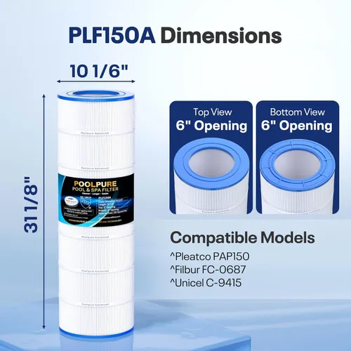 Vista 2 de POOLPURE Filtro de piscina PLF150A reemplaza a Pentair CC150, CCRP150, PAP150, Ultral-C4, PP-C4, PP-C4-M, Unicel C-9415, R173216, 59054300, Filbur