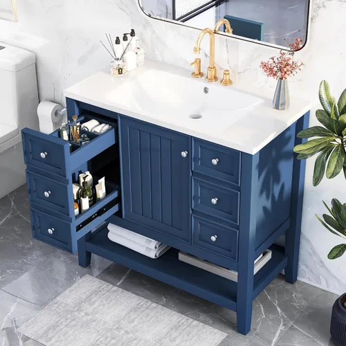 Vista 11 de Combinación de tocador de baño de 30 pulgadas con lavabo, armario de baño multifuncional con puertas y cajón, marco sólido y tablero de MDF