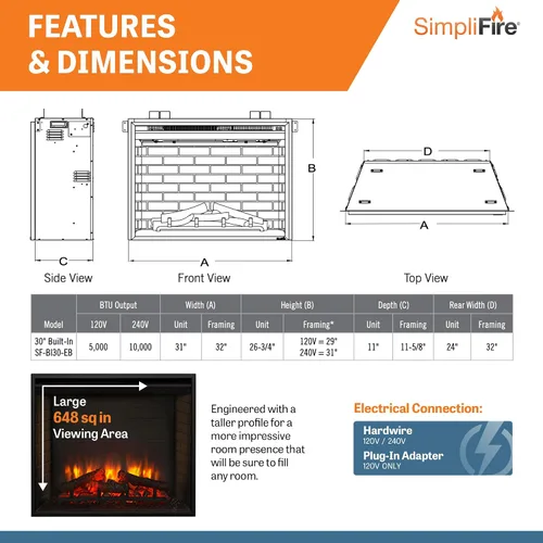 Vista 6 de SimpliFire Chimenea eléctrica incorporada de 30 pulgadas (SF-BI30-EB)