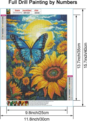 Vista 2 de Maripabon Kit de pintura de diamantes de girasoles 5D para adultos, diseño de mariposas y diamantes redondos, arte de animales, flores, arte