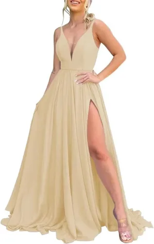 Vista 13 de Vestidos largos de dama de honor para mujer, con abertura, cuello en V, vestido de fiesta formal para boda