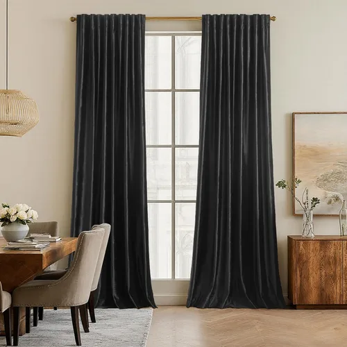 Vista 7 de Cortinas opacas de terciopelo de felpa negras de 63 pulgadas de largo para dormitorio, juego de 2 paneles de forro con bolsillo para barra, pestaña