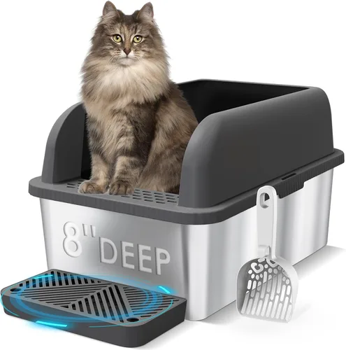 Vista 7 de Caja de arena de acero inoxidable para gatos con tapa cerrada, caja de arena extra grande para gatos grandes, bandeja de arena de metal XL