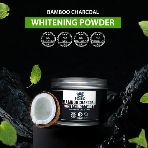 Vista 2 de BOONBOO Polvo blanqueador de dientes de carbón de bambú con aceite de coco y menta, lata de aluminio, 2 onzas