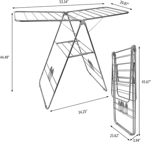 Vista 7 de Tendedero plegable de altura ajustable, gran espacio, estante de lavandería alado con clips para calcetines para colgar toallas, ropa, ropa de cama