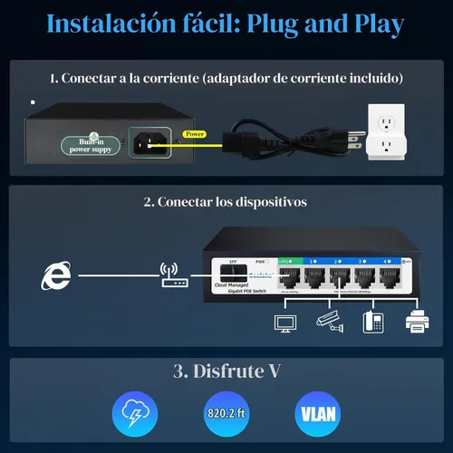 Vista 6 de Goalake Switch PoE administrado inteligente fácil de 5 puertos Gigabit y ranura SFP, con 4 puertos Gigabit PoE+@52W, diseño sin ventilador y metal
