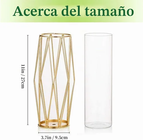 Vista 6 de Hewory - Jarrones de flores modernos dorados para centros de mesa, jarrones de vidrio de 11 pulgadas con soporte de metal, jarrones geométricos