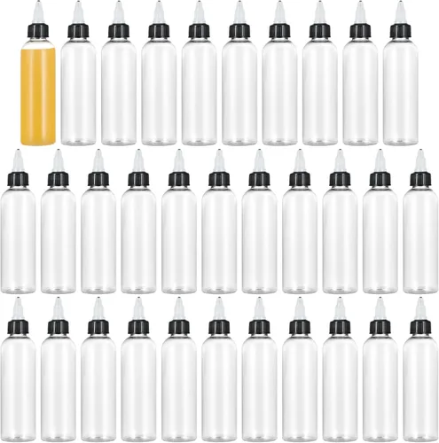 Vista 9 de 24 botellas dispensadoras transparentes de 2 onzas, botellas de plástico exprimibles con tapas giratorias para aceites, tintas y líquidos