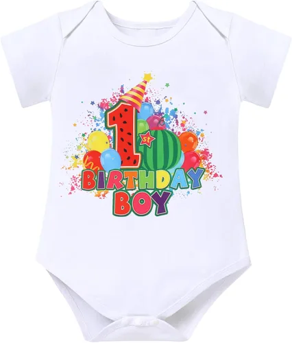 Vista 3 de IMEKIS Toddler Boys Melon Birthday Outfit Romper Top + Jeans Shorts + Suspenders Cake Smash Photo Shoot Summer Clothes 1-5T