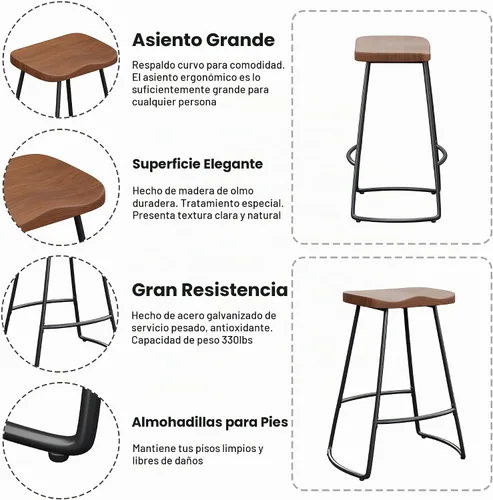 Vista 7 de Alunaune Juego de 4 taburetes de bar de metal de 24 pulgadas, asiento de silla de montar sin espalda, taburetes de bar de altura de mostrador