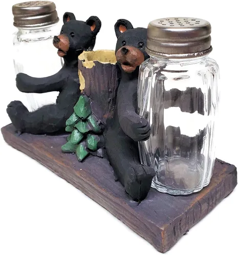 Vista 2 de Black Bear - Juego de salero y pimentero con soporte para palillos de dientes