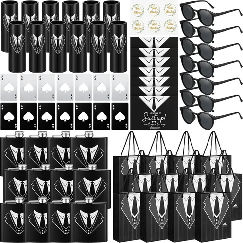 Vista 7 de Bokon 48 piezas de regalos para padrinos de boda para hombres, frasco de esmoquin de acero inoxidable, para padrinos de boda, anteojos de póquer