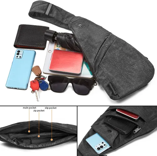 Vista 4 de Seoky Rop - Bolso bandolera para hombres y mujeres, cartera pequeña personal con bolsillo, antirrobo, para el pecho, para viajes y senderismo, Gris