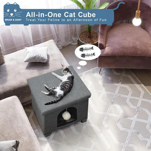 Vista 7 de BRIAN & DANY Casa plegable para gatos, cueva para gatos, cubo para gatos con tablero de rascar y bola, 14.7 x 14.1 x 12.7 pulgadas, gris