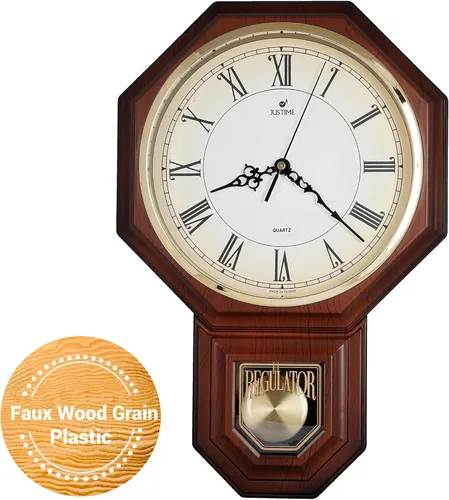 Vista 33 de JUSTIME Reloj de pared clásico vintage tradicional de estilo Schoolhouse, con péndulo y melodía Westminter cada hora, relojes de pared con melodía