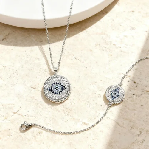Vista 7 de Evil Eye Jewelry Set for women, Evil Eye Pendant Necklace for Women Greek Protection Jewelry with Blue Sapphire and Black Cz Amulet Gift