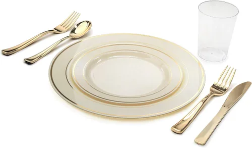 Vista 12 de Occasions" - Juego de vajilla de 180 piezas/20 invitados, platos de plástico desechables para boda, vasos de borde plateado y servilletas de tacto