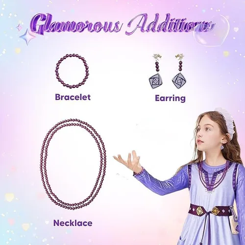 Vista 2 de sanderala Girls Princess Wish Asha Costume Accessories Dress up with Necklace Bracelet and Earrings Halloween Christmas Cosplay