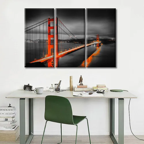 Vista 2 de TUMOVO 3 paneles de paisaje urbano en blanco y negro de Estados Unidos, arte de pared, famoso puente Golden Gate, San Francisco por la noche