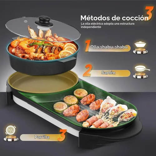 Vista 8 de Olla caliente eléctrica 2 en 1 sin humo con parrilla, olla caliente extraíble de 2200W, combo de barbacoa coreana y Shabu para interior, sartén