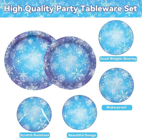 Vista 2 de Kit de vajilla mágica para fiesta de Frozen Wonderland – 161 suministros de cumpleaños de copos de nieve de invierno azules y morados para niños