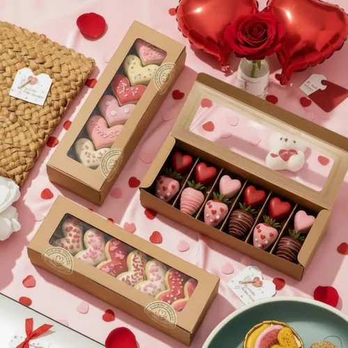 Vista 4 de Sherr 100 Cajas Marrones para Macarons con Ventana, Cajas para Galletas con 200 Pegatinas, Contenedores Largos de Regalos para Panadería y Postres