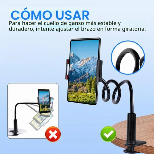 Vista 6 de Soporte para tableta de cuello de cisne para cama, abrazadera de soporte flexible de brazo largo ajustable para soporte de teléfono de escritorio