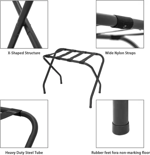 Vista 7 de Portaequipajes plegable, soporte de maleta de metal resistente con correas de nailon, portaequipajes plegable para habitación de invitados