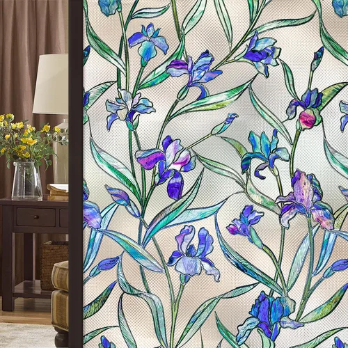 Vista 12 de Lámina de privacidad para ventana Windimiley con diseño de vidrio manchado: adhesivo estático decorativo floral 3D arcoíris con control de calor