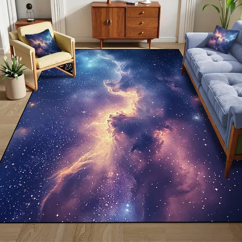 Vista 11 de Alfombra galaxia de 2 x 3 pies para habitación de niños, alfombra de cielo estrellado de pelo bajo, antideslizante, lavable, alfombra nebulosa