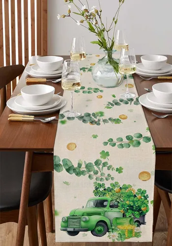 Vista 2 de Camino de mesa de algodón con trébol de la suerte, día de San Patricio, diseño retro de tréboles, hojas de eucalipto, mantel de hojas de eucalipto