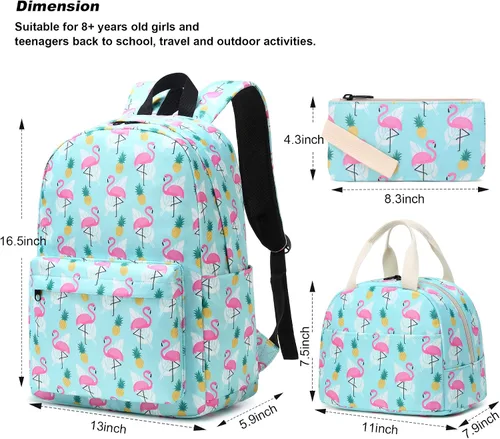 Vista 4 de Yusudan Juego de mochila escolar para niñas, mochila escolar para niños y adolescentes, con bolsa de almuerzo y bolsa para lápices, Verde flamenco