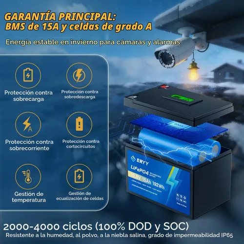 Vista 3 de 12V 15Ah LiFePO4 Lithium Battery with BMS and LCD Voltmeter