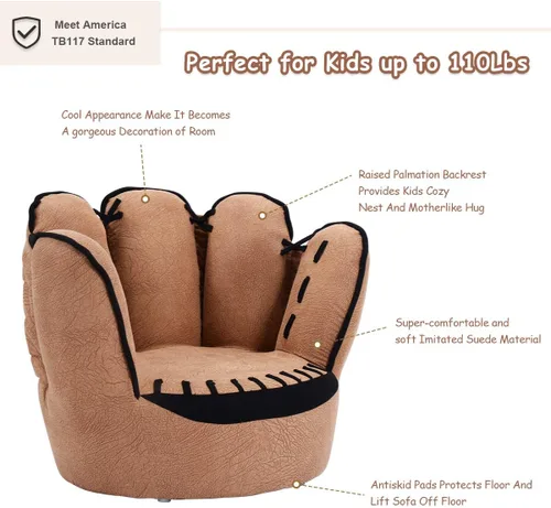 Vista 6 de Costzon Sofá para niños con estructura de madera maciza y diseño de guante de béisbol, sillón para niños para sala de juegos, guardería, jardín