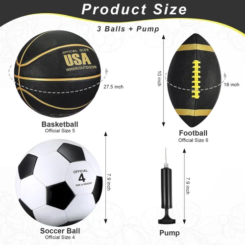 Vista 2 de Libima Juego de 3 pelotas deportivas para niños y adolescentes, incluye tamaño oficial, baloncesto, fútbol, fútbol con bomba y bolsa de transporte
