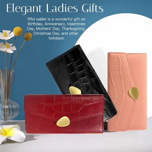 Vista 7 de MACWAVE Carteras para mujer de cuero con bloqueo RFID para mujer, bolso largo de embrague para teléfono, chequera, organizador de múltiples