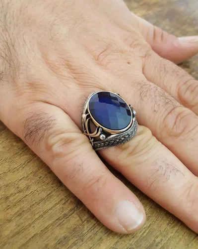 Vista 9 de Beautiful Handcrafted 925K Solid Sterling Silver Cubic Zircon Sapphire Color Men's Ring RP54