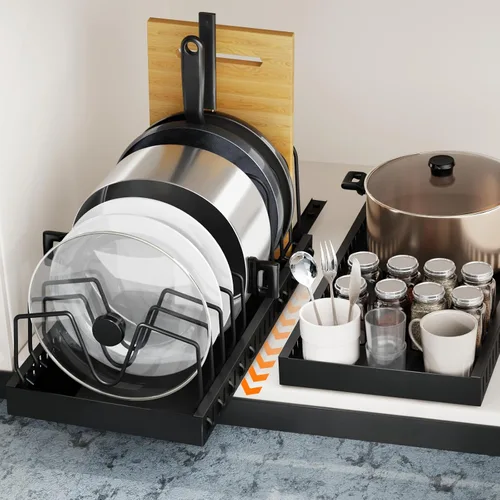 Vista 14 de FLSEPAMB Organizador de sartenes - Organizador de tapa de olla ajustable para cocina, organizador de tapa de olla resistente, para debajo