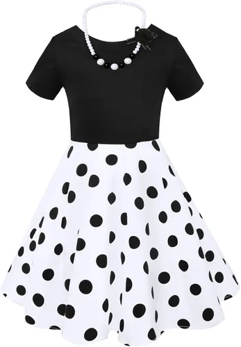 Vista 2 de Tao-Ge Vestido vintage de lunares para niñas, vestidos de fiesta retro de los años 50, vestido de fiesta con vuelo, talla 6-12 con collar