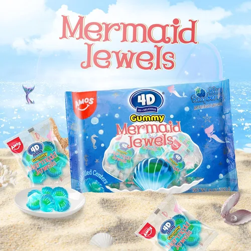 Vista 3 de Dulces de gomita 4D de sirena Amos, sabor a frambuesa azul, paquete de Navidad de 9 onzas envueltos individualmente para compartir, mini paquetes