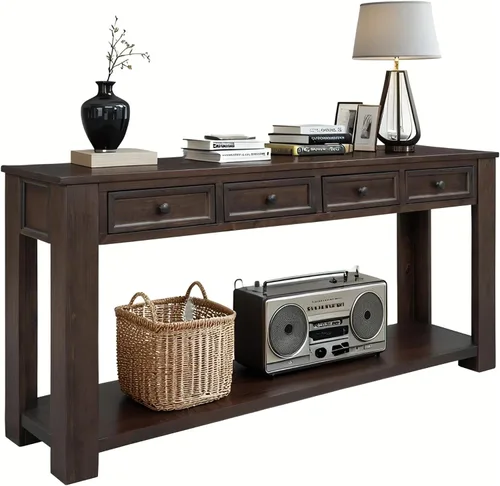 Vista 14 de LKTART - Mesa consola de 63 pulgadas para entrada, mesa de sofá de madera maciza con 4 cajones Blanco antiguo