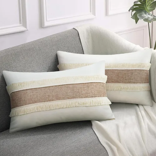 Vista 12 de Merrycolor Juego de 2 fundas de almohada lumbar de lino con retazos bohemios de 12 x 20 pulgadas, fundas de almohada de lino de arpillera de granja
