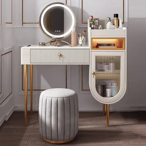 Vista 10 de Tocador con espejo de luces LED, brillo ajustable de luz de 3 colores, mesa de maquillaje con armario y cajón de almacenamiento, taburete acolchado