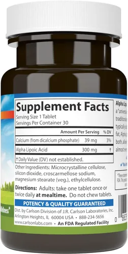 Vista 2 de Carlson Ácido alfa lipoico, 300 mg, Producción de energía, 90 tabletas