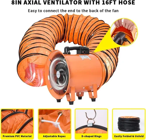 Vista 6 de Soplador utilitario de 8 pulgadas, ventilador de alta velocidad con manguera de conducto, ventilador portátil de bajo ruido, extractor de humos