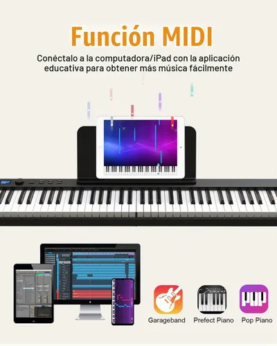 Vista 4 de KONIX Teclado de piano plegable, 88 teclas, tamaño completo, teclado plegable semiponderado, teclado electrónico portátil Bluetooth con soporte