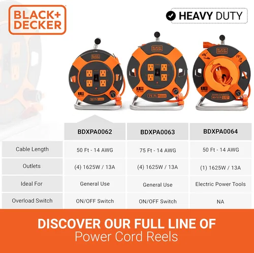 Vista 2 de BLACK+DECKER Carrete de cable de extensión retráctil de 50 pies con 4 tomas, extensión de enchufe múltiple, rebobinado de fácil mango y cable SJTW