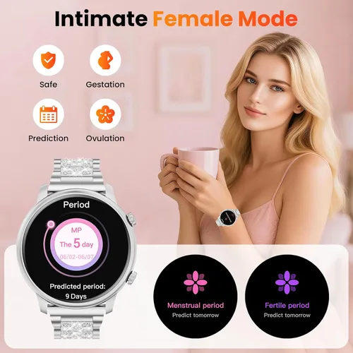 Vista 5 de Hwagol Relojes inteligentes para mujer, teléfonos Android compatibles con iPhone (llamada Bluetooth), monitor de ritmo cardíaco y sueño, 100 modos