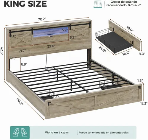 Vista 2 de Base de cama de tamaño King de estilo granja de Hasuit con estante de almacenamiento, cabecero, cama de madera King con luces LED, estación de Roble